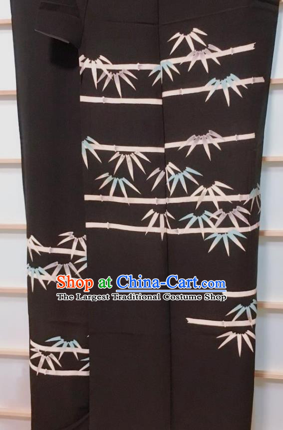 Traditional Japanese Black Tsukesage Kimono Japan Classical Bamboo Pattern Yukata Dress Costume for Women