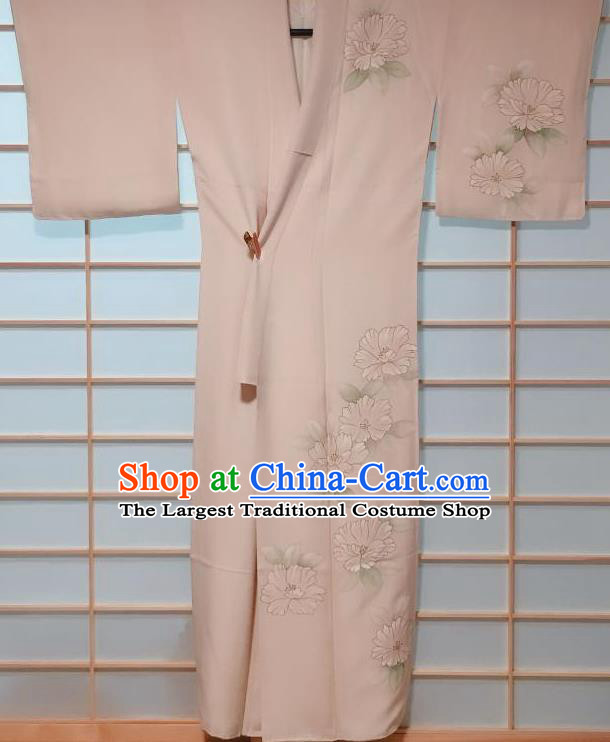 Traditional Japanese Printing Beige Tsukesage Kimono Japan Classical Camellia Pattern Yukata Dress Costume for Women