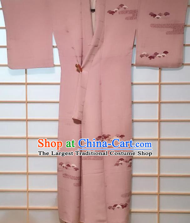 Traditional Japanese Printing Pink Tsukesage Kimono Japan Classical Pine Pattern Yukata Dress Costume for Women