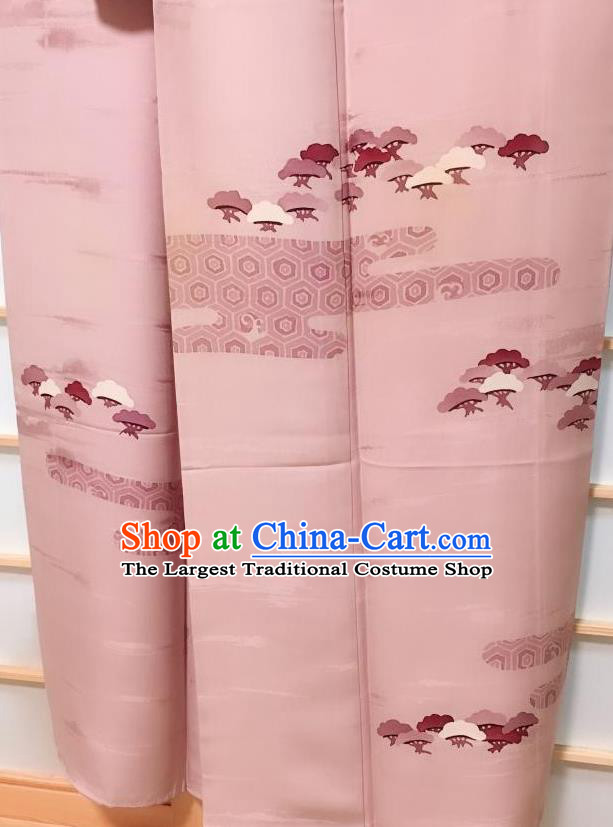 Traditional Japanese Printing Pink Tsukesage Kimono Japan Classical Pine Pattern Yukata Dress Costume for Women