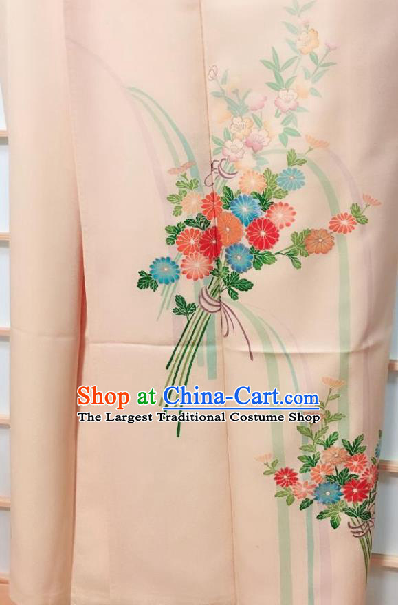 Traditional Japanese Printing Beige Tsukesage Kimono Japan Classical Daisy Pattern Yukata Dress Costume for Women