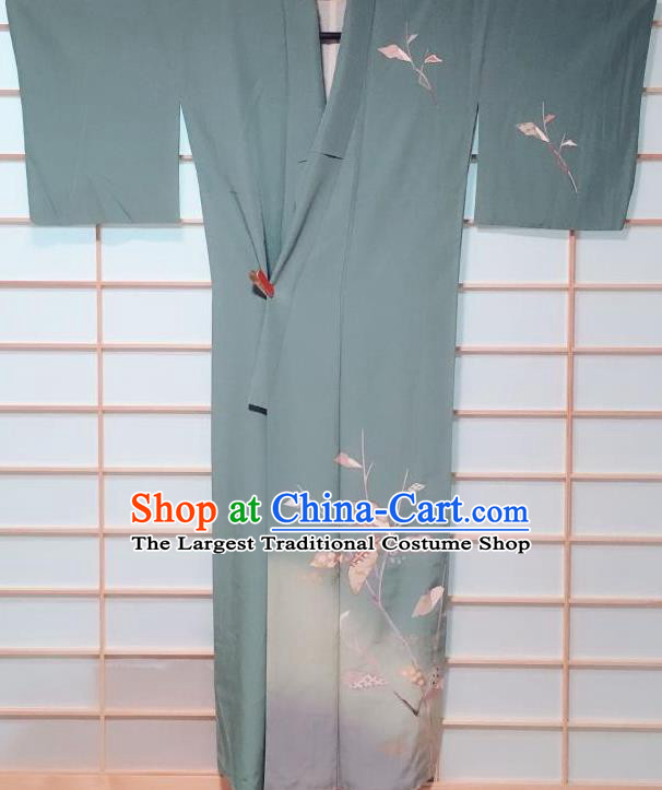 Traditional Japanese Blue Tsukesage Kimono Japan Classical Leaf Pattern Yukata Dress Costume for Women