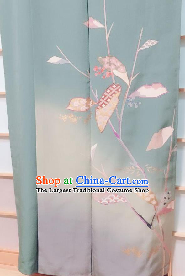 Traditional Japanese Blue Tsukesage Kimono Japan Classical Leaf Pattern Yukata Dress Costume for Women