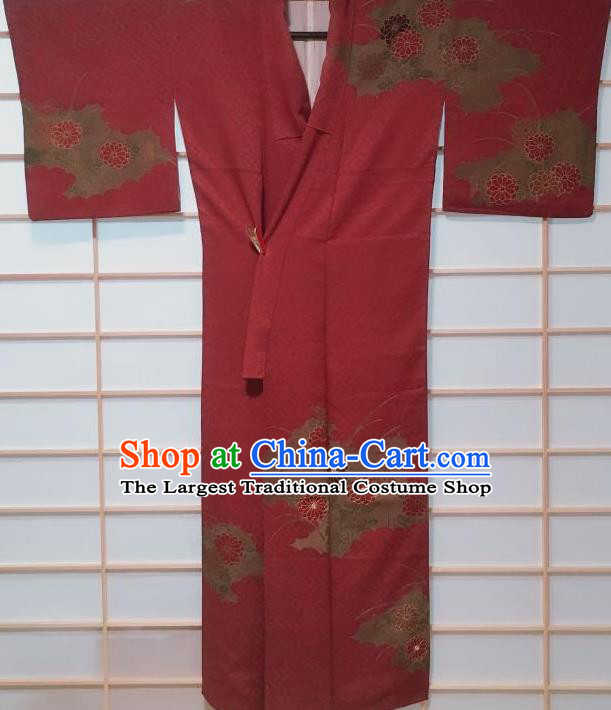 Traditional Japanese Amaranth Tsukesage Kimono Japan Classical Chrysanthemum Pattern Yukata Dress Costume for Women