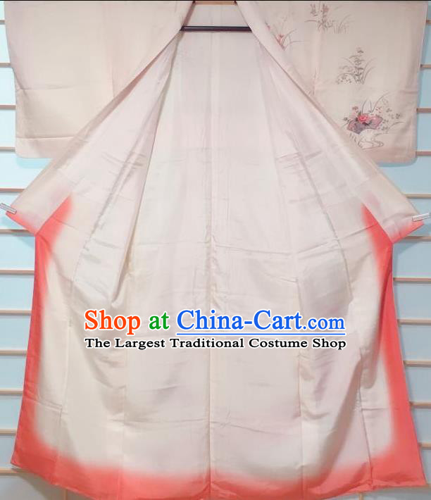 Traditional Japanese Light Pink Tsukesage Kimono Japan Classical Flowers Pattern Yukata Dress Costume for Women