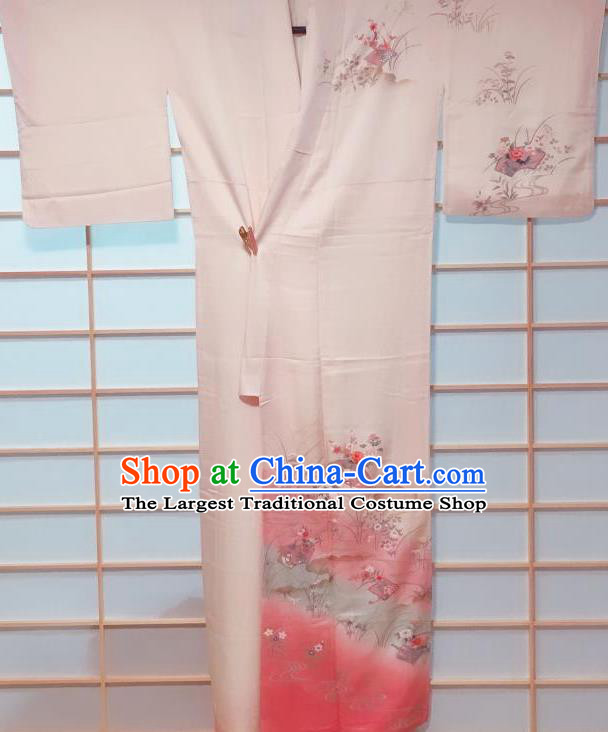 Traditional Japanese Light Pink Tsukesage Kimono Japan Classical Flowers Pattern Yukata Dress Costume for Women