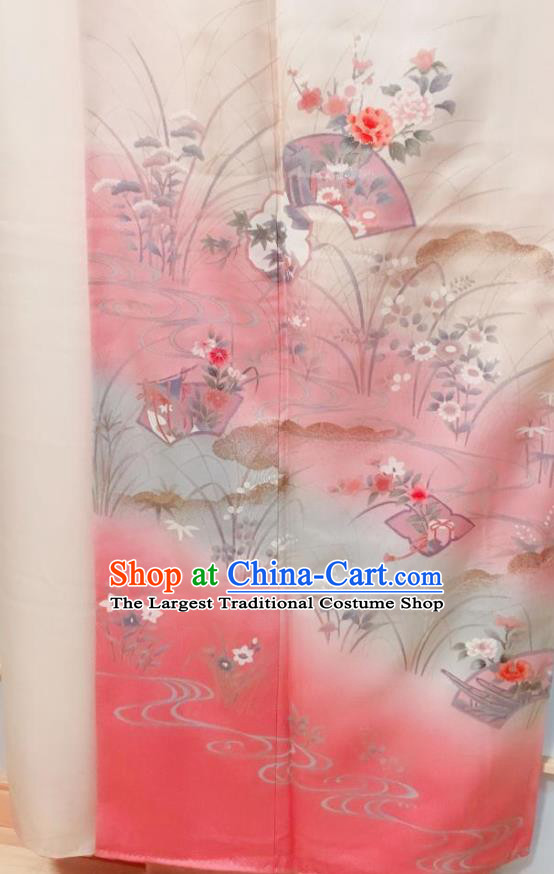Traditional Japanese Light Pink Tsukesage Kimono Japan Classical Flowers Pattern Yukata Dress Costume for Women