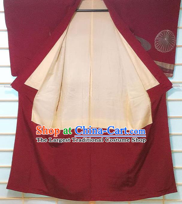 Traditional Japanese Wine Red Tsukesage Kimono Japan Classical Chrysanthemum Pattern Yukata Dress Costume for Women