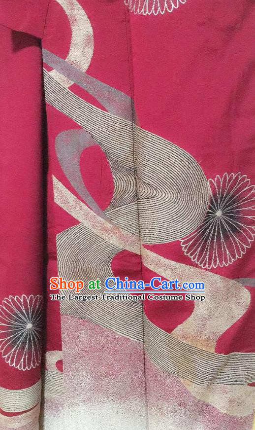 Traditional Japanese Wine Red Tsukesage Kimono Japan Classical Chrysanthemum Pattern Yukata Dress Costume for Women