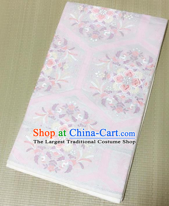Japanese Traditional Embroidered Phoenix Pattern Light Pink Brocade Waistband Japan Kimono Yukata Belt for Women