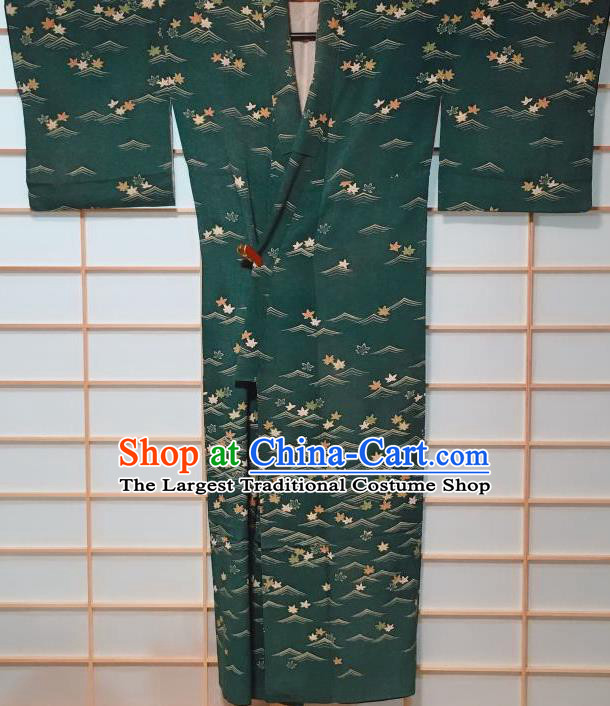 Traditional Japanese Deep Green Tsukesage Kimono Japan Classical Maple Leaf Pattern Yukata Dress Costume for Women