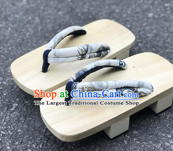 Traditional Japanese Dragon Pattern Black Flip Flops Bidentate Clogs Slippers Asian Japan Geta Shoes for Men