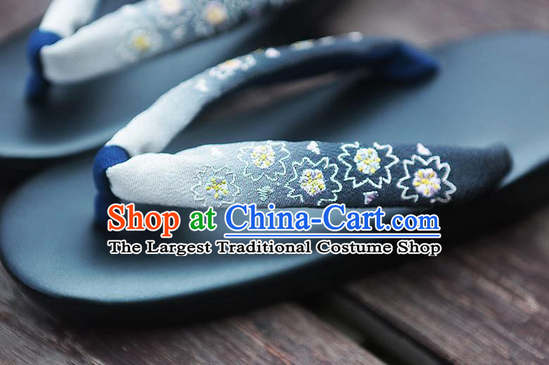 Traditional Japanese Classical Embroidered Navy Flip Flops Slippers Zori Geta Asian Japan Clogs Shoes for Women