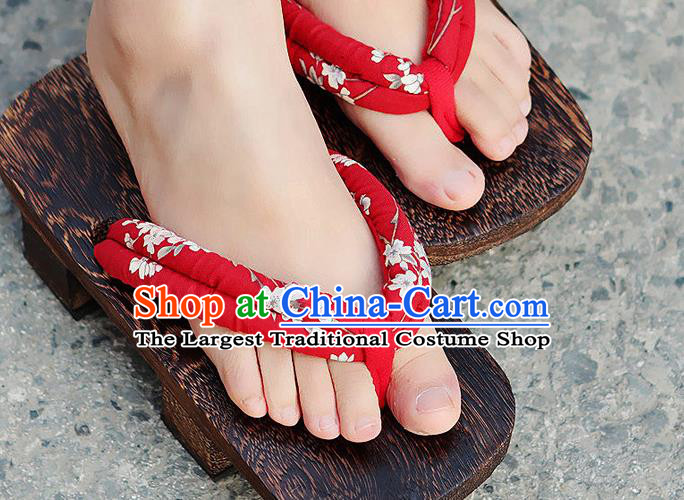 Traditional Japanese Classical Cherry Blossom Pattern Red Bidentate Clogs Flip Flops Slippers Asian Japan Geta Shoes for Women