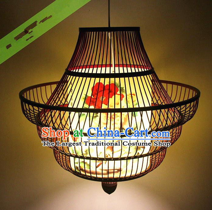 Traditional Chinese Hand Painting Peony Brown Hanging Lanterns Palace Lantern Bamboo Art Scaldfish Lamp