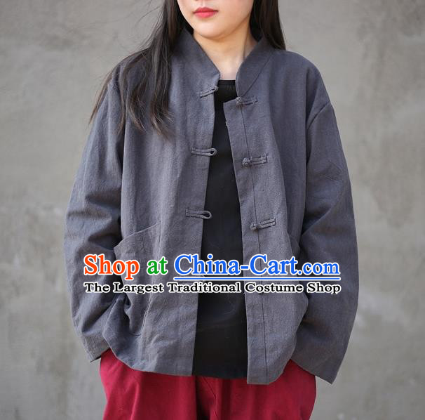 Traditional Chinese Tang Suit Grey Flax Jacket Blogger Li Ziqi Shirt Overcoat Costume for Women