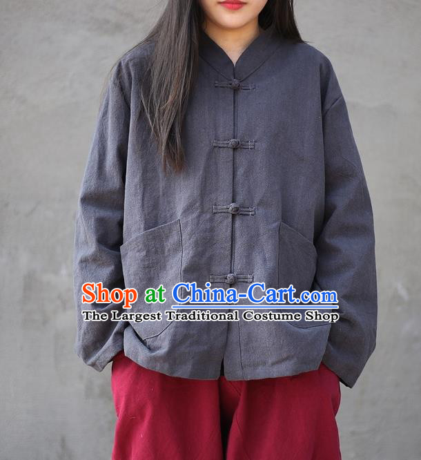 Traditional Chinese Tang Suit Grey Flax Jacket Blogger Li Ziqi Shirt Overcoat Costume for Women