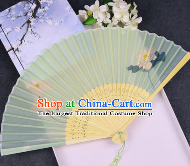 Chinese Traditional Classical Dance Printing Lotus Green Silk Folding Fans Handmade Accordion Bamboo Fan