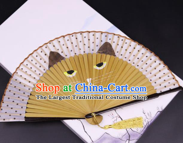 Chinese Traditional Painting Cat Silk Folding Fans Handmade Accordion Classical Dance Bamboo Fan
