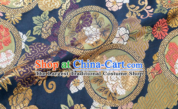 Chinese Classical Chrysanthemum Bamboo Pattern Design Navy Brocade Fabric Asian Traditional Hanfu Satin Material
