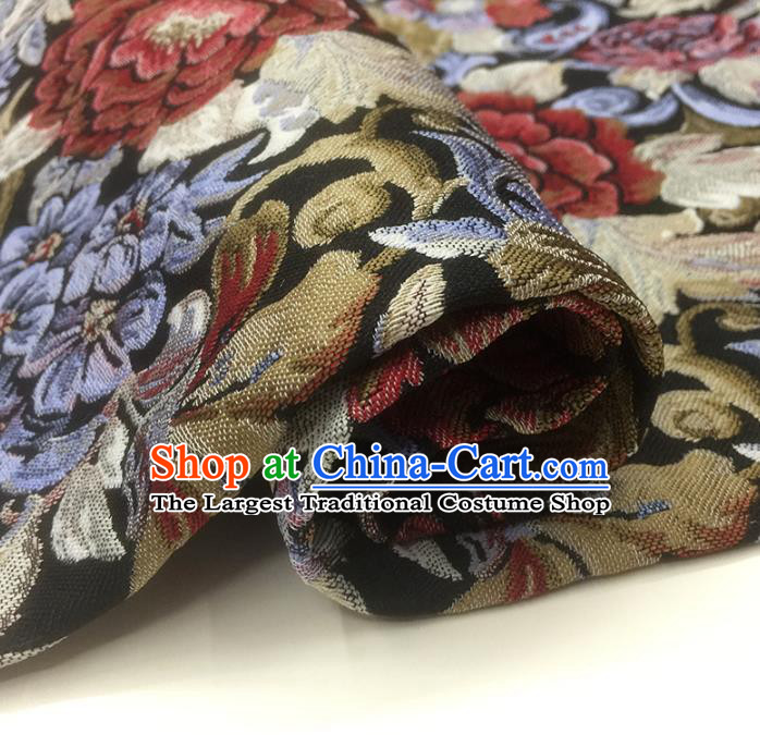 Chinese Classical Peony Flowers Pattern Design Black Brocade Fabric Asian Traditional Hanfu Satin Material