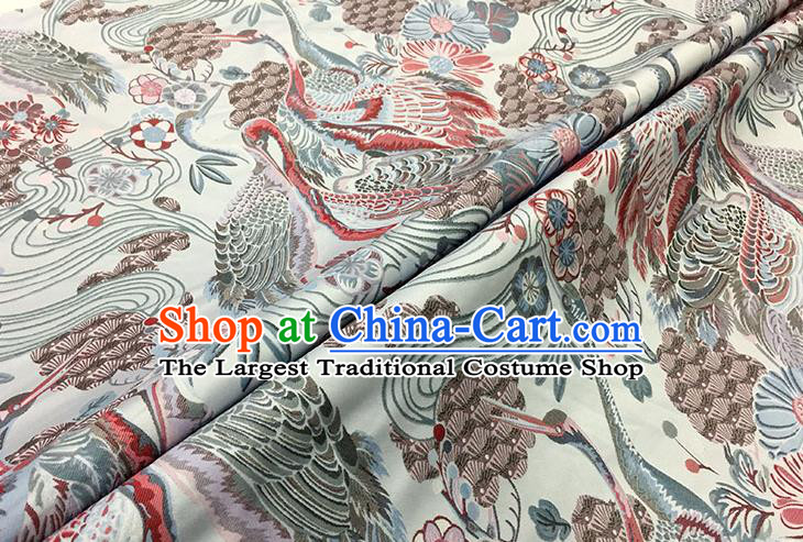 Chinese Classical Crane Pattern Design Light Grey Brocade Fabric Asian Traditional Hanfu Satin Material