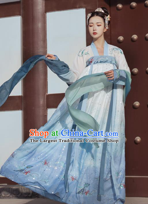 Traditional Chinese Tang Dynasty Palace Princess Historical Costumes Ancient Goddess Blue Hanfu Dress for Women