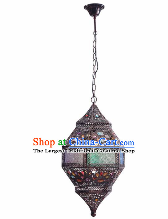 Asian Traditional Iron Colorful Grass Ceiling Lantern Thailand Handmade Lanterns Hanging Lamps