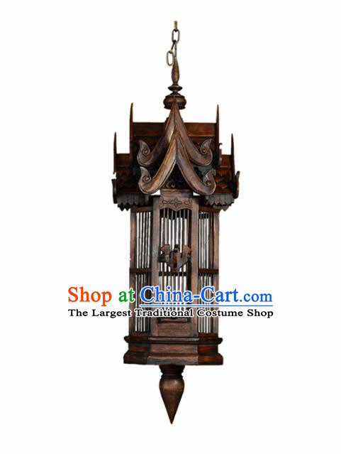 Asian Traditional Wood Carving Birdcage Ceiling Lantern Thailand Handmade Lanterns Hanging Lamps