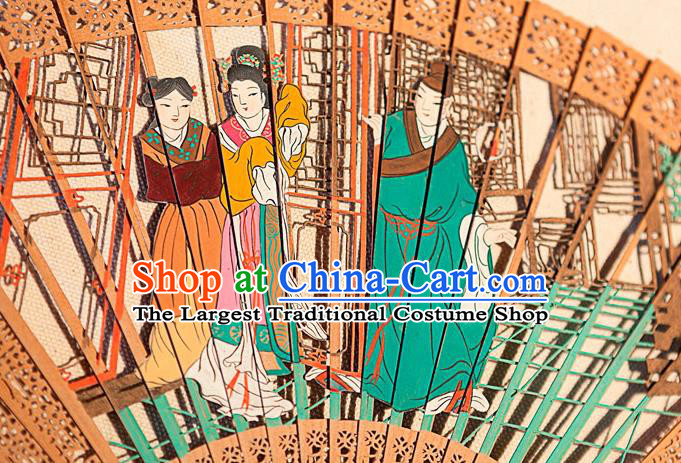 Traditional Chinese Hand Carving Romance of the Western Chamber Sandalwood Fan China Wood Accordion Folding Fan Oriental Fan