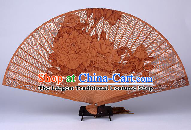 Traditional Chinese Handmade Carving Peony Sandalwood Folding Fan China Accordion Fan Oriental Fan