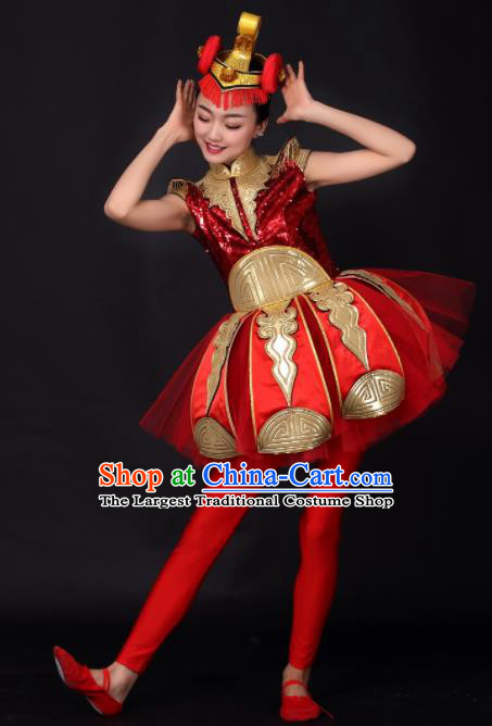 Chinese Traditional Opening Dance Red Short Dress China Modern Dance Stage Performance Costume for Women