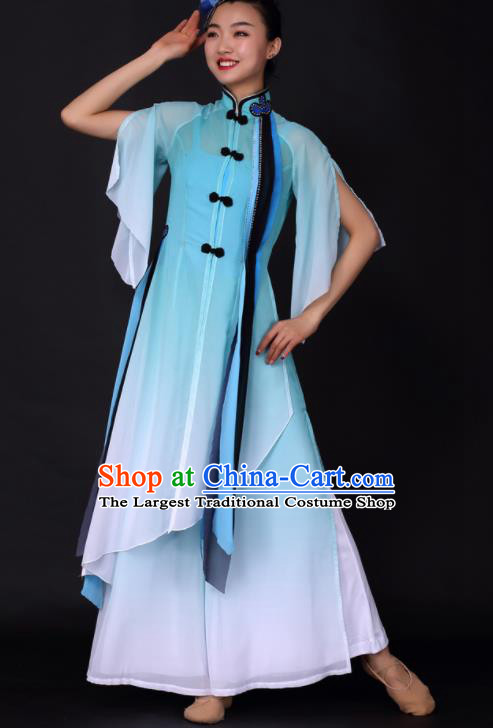 Chinese Traditional Classical Dance Blue Dress China Umbrella Dance Stage Performance Costume for Women