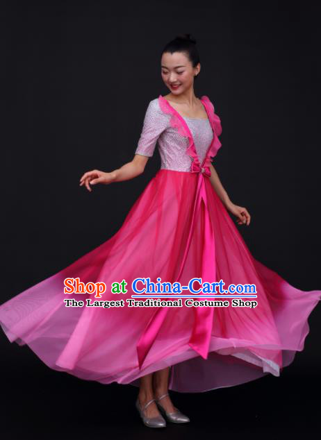 Chinese Traditional Opening Dance Chorus Rosy Dress China Modern Dance Stage Performance Costume for Women