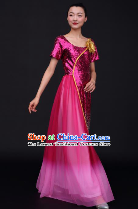 Chinese Traditional Opening Dance Chorus Rosy Sequins Dress China Modern Dance Stage Performance Costume for Women