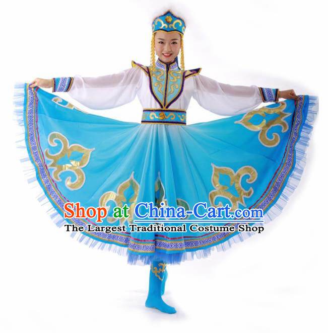Chinese Mongolian Ethnic Dance Blue Dress Traditional Mongol Nationality Stage Performance Costume for Women