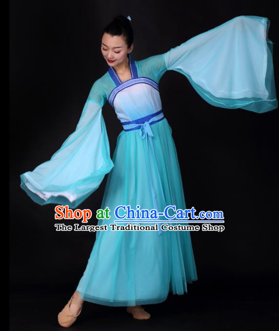 Chinese Traditional Classical Dance Blue Veil Dress Umbrella Dance Stage Performance Costume for Women