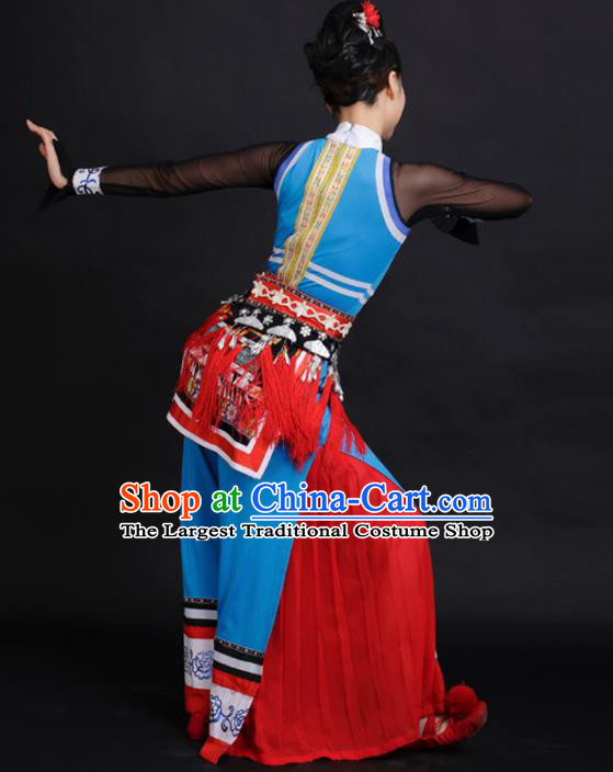 Chinese Tujia Ethnic Dance Blue Dress Traditional Yi Nationality Stage Performance Costume for Women