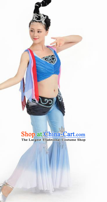 Chinese Fan Dance Blue Dress Traditional Classical Dance Stage Performance Costume for Women