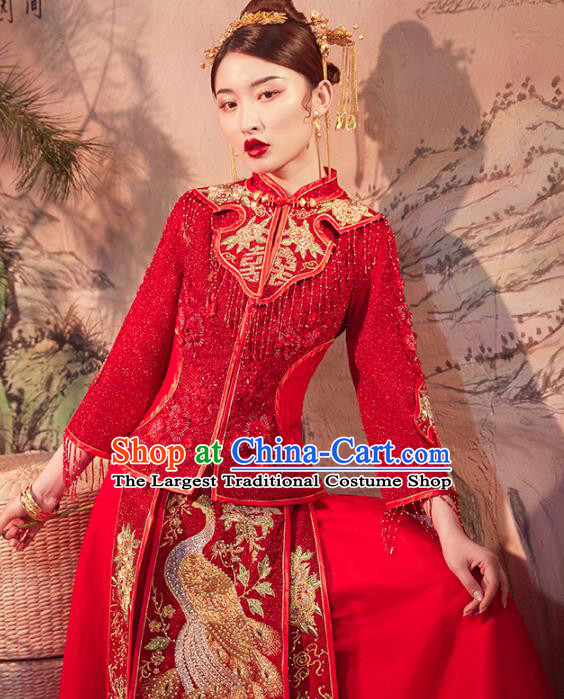 Chinese Traditional Wedding Dress Ancient Bride Embroidered Peacock Xiuhe Suits Costume for Women