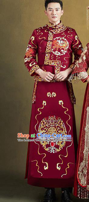 Chinese Traditional Embroidered Mandarin Jacket and Robe Wedding Tang Suit Ancient Bridegroom Costume for Men