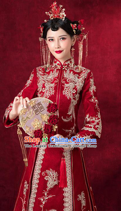 Chinese Traditional Embroidered Phoenix Xiuhe Suits Wedding Dress Ancient Bride Costume for Women