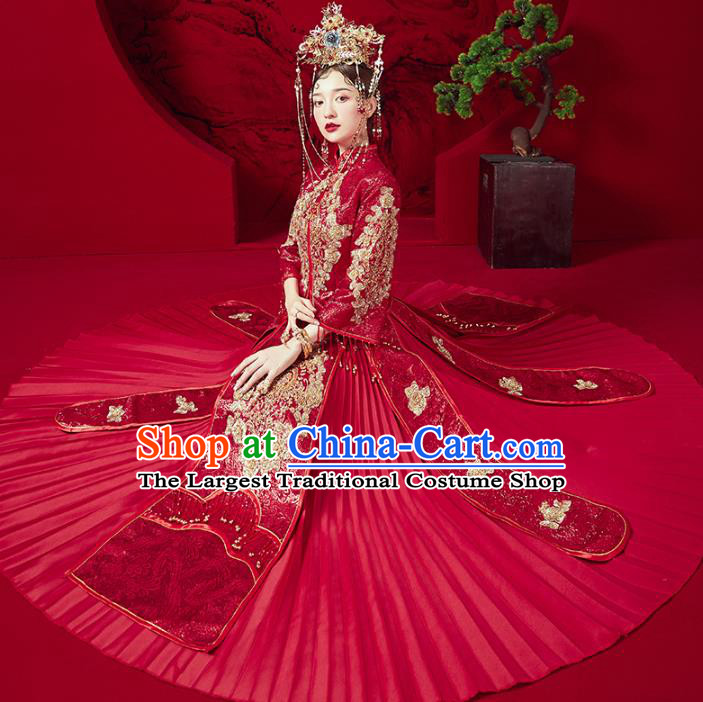 Chinese Traditional Embroidered Red Diamante Xiuhe Suits Wedding Dress Ancient Bride Costume for Women