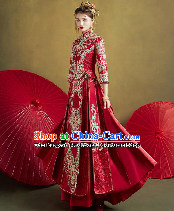 Chinese Traditional Embroidered Diamante Tassel Xiuhe Suits Wedding Dress Ancient Bride Costume for Women