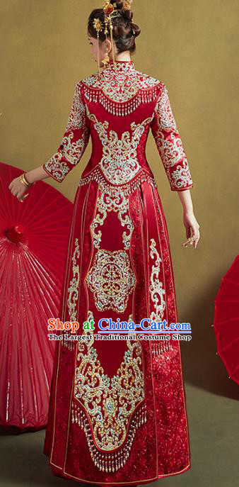 Chinese Traditional Embroidered Diamante Tassel Xiuhe Suits Wedding Dress Ancient Bride Costume for Women