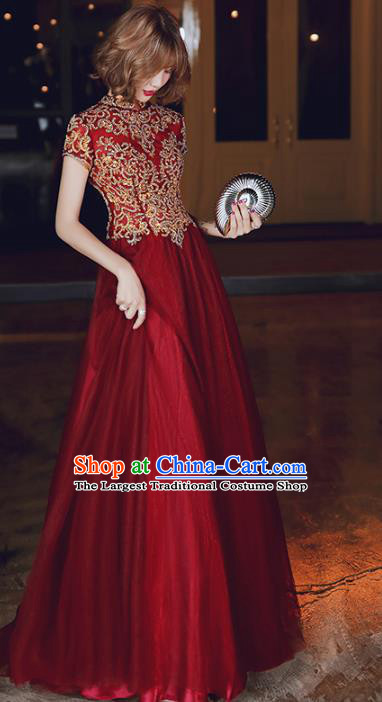 Professional Modern Dance Bride Embroidered Red Dress Compere Stage Performance Costume for Women