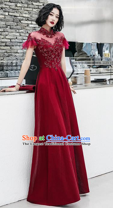 Professional Modern Dance Bride Embroidered Wine Red Dress Compere Stage Performance Costume for Women