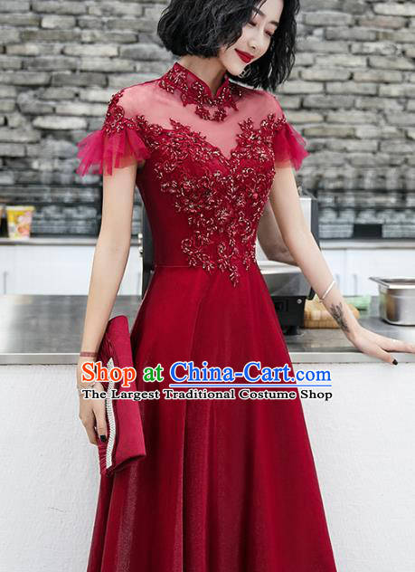 Professional Modern Dance Bride Embroidered Wine Red Dress Compere Stage Performance Costume for Women