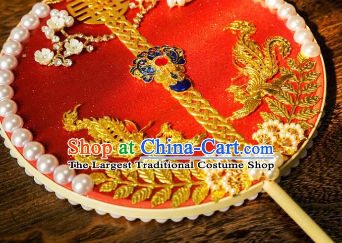 Chinese Traditional Hanfu Cloisonne Red Palace Fans Classical Wedding Round Fan for Women