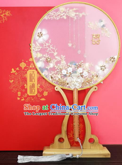 Chinese Traditional Hanfu Handmade Shell Palace Fans Classical Wedding Pomegranate Round Fan for Women